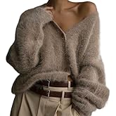 Womens Fuzzy Sweaters Cardigan V-Neck Button Down Oversized Mohair Sweater Casual Y2k 2025 Fall Winter