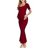 AISWI 2025 Maternity Bodycon Mermaid Maxi Dress Sexy Square Neck Short Sleeve Ribbed Pregnancy Dresses Baby Shower Photoshoot