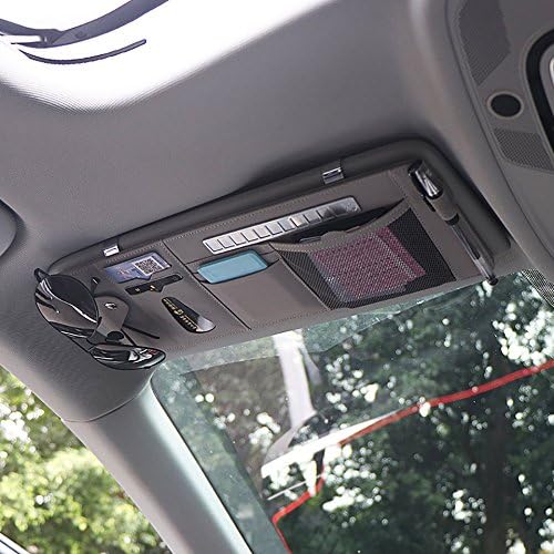 LOCEN Leather Car Sun Visor Organiser Storage Bag Clip with Luminous Parking Number Plate Pouch Sunglasses Holder, for Pen(Gray)