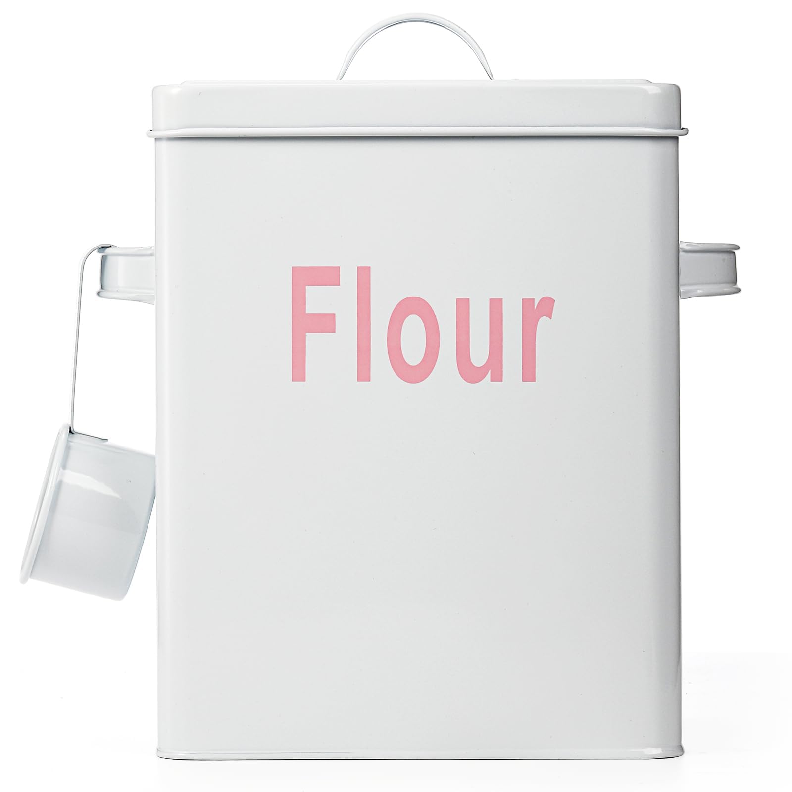 Photo 1 of ***(HEAVILY USED/ MINOR DAMAGE)***Youeon 200 Oz/25 Cup Metal Flour Storage Container with Airtight Lid and Measuring Scoop, Square Flour Canister with Handle, White Storage Canister for Kitchen Counter, Farmhouse Decor