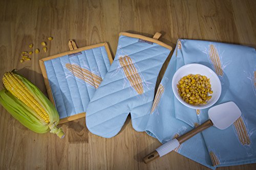 Set of Apron, Oven Mitt, Pot Holder, Pair of Kitchen Towels in a Unique Corn on the Cob Design, Made of 100% Cotton, Eco-Friendly & Safe, Value Pack and Ideal Gift Set,Kitchen Linen Set By CASA DECORS