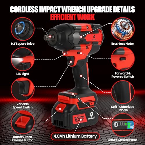 GearZone Cordless Impact Wrench 1/2 Inch, 1000 N.m Brushless Impact Gun Come with 2pcs 21V Batteries, 2800 RPM High Torque Electric Power Impact Driver Set for Car Home-Red