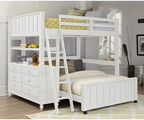 NE Kids Lake House Full Loft with Full Lower Bed and Shelf in White