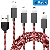 USB Type C Cable 4 Pack (3FT 6FTx2 10FT) Braided Nylon Type C Charger Cables Fast Charging Cord for Samsung Galaxy S10 S10e Note 9 S9 S8 Plus LG V30 G6 G5 Pixel 3 XL Nexus 5X/6P (Black Red)