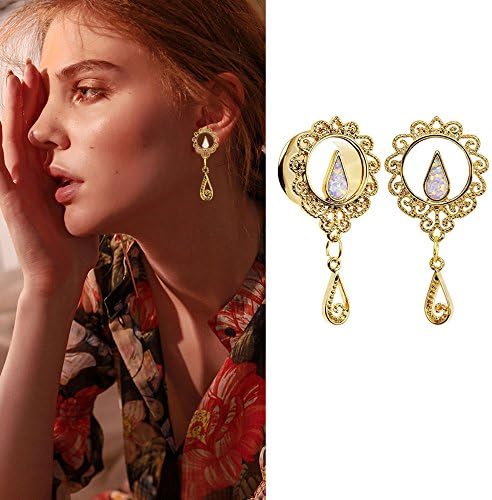Ear Gauges Dangle Plugs Tunnels for Ears Piercings Opal Center Silver Plated Stainless Steel Flare Expande