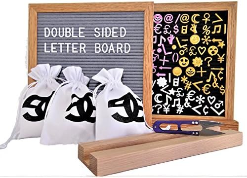 Double Sided 10x10'' Felt Letter Board: Black and Gray Letterboard With 3 Bags for the 720 White,Gold&amp;Pink Changeable Letters,Symbols&amp;Emojis,Oak Wood Frame And Display Stand for Announcements &amp; Quotes