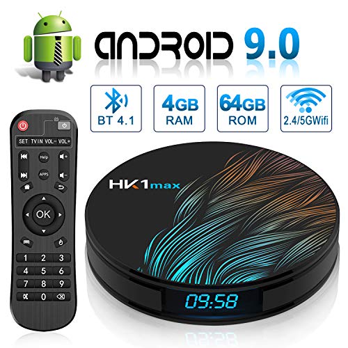 Android 9.0 TV Box HK1 Max's with Dual-WiFi 2.4GHz/5GHz 【4GB RAM 64GB ROM】 RK3318 Quad-core Support 4K Full HD BT 4.1 USB 3.0 H.265 Digital LED Display time Smart TV Box