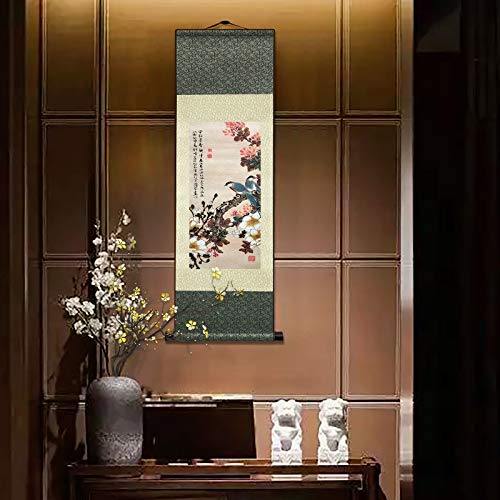 FOVNOT Asian Silk Wall Scroll - Oriental Flowers Plant Decor