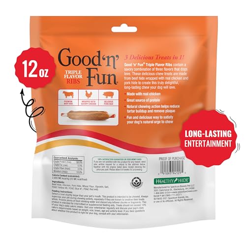 GOOD ‘N’ FUN TRIPLE FLAVOR RIBS CHEWS FOR ALL DOGS, 12 OUNCES, TREAT YOUR DOG TO LONG-LASTING CHEWS MADE WITH BEEF HIDE, CHICKEN AND PORK HIDE