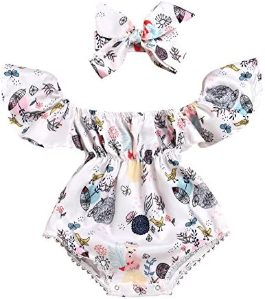 IWOKA Newborn Baby Girls Off Shoulder Flower Print Romper Sunsuit Outfits With Headband (80(6-12M), White)