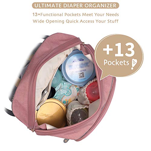 Large Diaper Bag, Dikaslon Stylish Travel Backpack Nappy Bags with Changing Pad and Stroller Straps for Baby Care, Pink and Gray