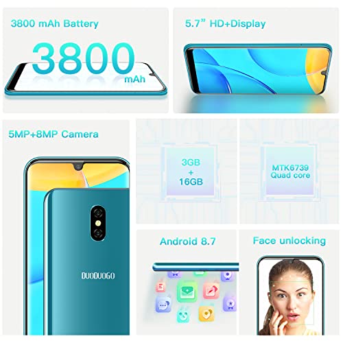 DUODUOGO 4G Smartphone Unlocked, 16 GB + 128 GB 4G Cell Phone, 3800mAh