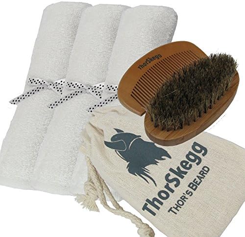 Best Beard Grooming Kit From ThorSkegg Man-Sized 14” x 14” White Bamboo Washcloths At-Home Hot Towel Treatment 100% Natural Boar Bristle Hair Brush Bamboo Wooden Comb For All Beard Styles - White