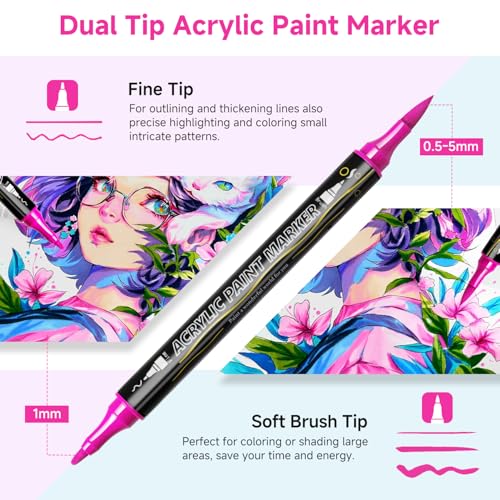 AHIKY 72 Colours Acrylic Markers, Double Ended Acrylic Markers with Fine Tip and Brush, Acrylic Paint Marker Permanent for Stones, Wood, Easter Eggs, Glass, Ceramic, Fabric