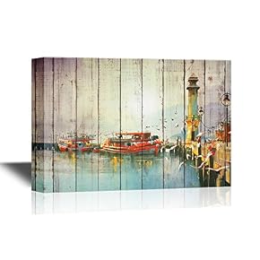 Painting of a Harbour on Wood Style Background