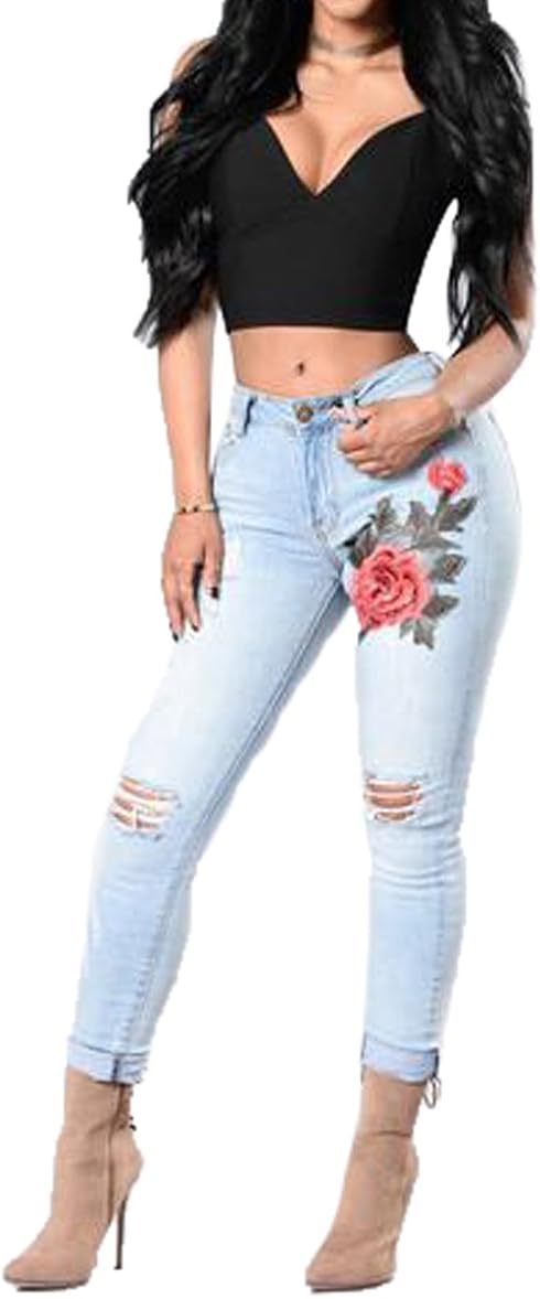 rose embroidered jeans womens