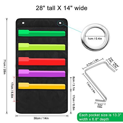 Sinzip Heavy Duty 5 Pocket Door Hanging File Organizer, Black Wall Storage Pocket Charts with 2 Hangers, Great for Classroom, School, Home or Office Use (5 Pocket)