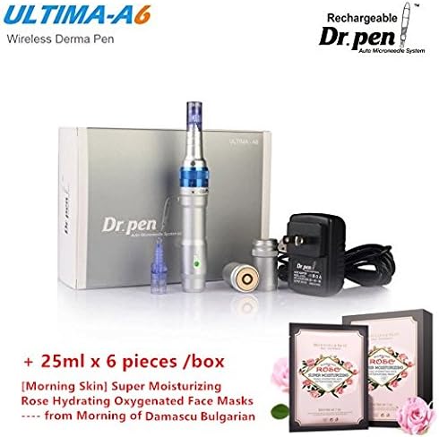Morning Skin Super Moisturizing Bulgarian Damascus Rose Hydrating Oxygenated Face Masks 25ml x 6 Piece/Box &amp; Dr. Pen A6 Rechargeable Nano Chip Beauty Treat Devices (Rose Face Mask + Dr. Pen A6)