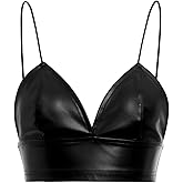 OYOANGLE Women's PU Leather V Neck Cami Crop Top Spaghetti Strap Fitted Camisole Party Going Out Tops