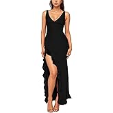 Women's Sexy V Neck Sleeveless Mesh Ruffles Hem High Slit Bodycon Maxi Casual Backless Cocktail Wedding Guest Party Dress