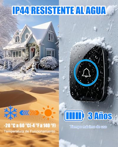 Salandens Timbre Inalámbrico para Puerta, 1 Transmisor y 1 Receptor, Timbre Impermeable Volumen Ajustable Alcance a 300m con 60 Melodías, 5 Niveles de Volumen, LED Indicador, Negro