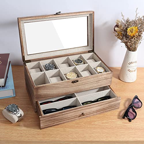 Meangood Watch Box Case, Sunglasses Holder for Men Women, 16 Slot 2 Tier Large Premium Wood Organizer with Glass Top, Rustic Style Torched Wood