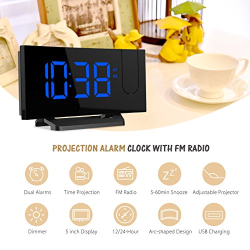 Mpow [Gen-2] Projection Alarm Clock, Arc-shaped Projection Clocks with 5 Inch Dimmer LED Display, Digital Clock Radios for bedroom with Dual Alarm, 12/24 Hours, Backup Battery (Black-Blue)