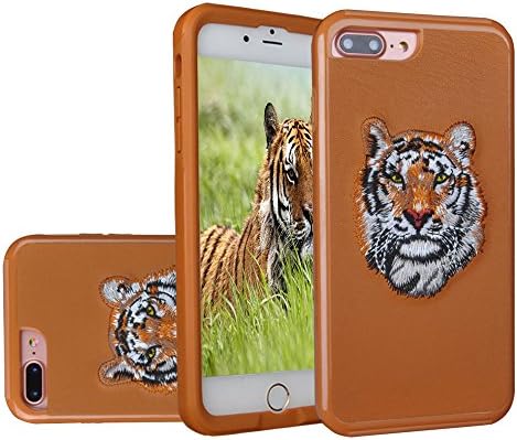 3D Embroidery Case SSKJTC Soft Leather Border Drop for iPhone8 Plus case iPhone 7 Plus Heavy Duty Case 5.5"- Brown Tiger