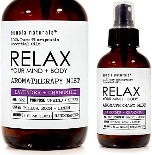 eunoia naturals Relax Calming Lavender Pillow Sleep Mist, Bulgarian + French Lavender and Roman Chamomile, Finest Pure Essential Oils, Lavender Blend Created to Calm Mind + Body for Sleep, 4oz