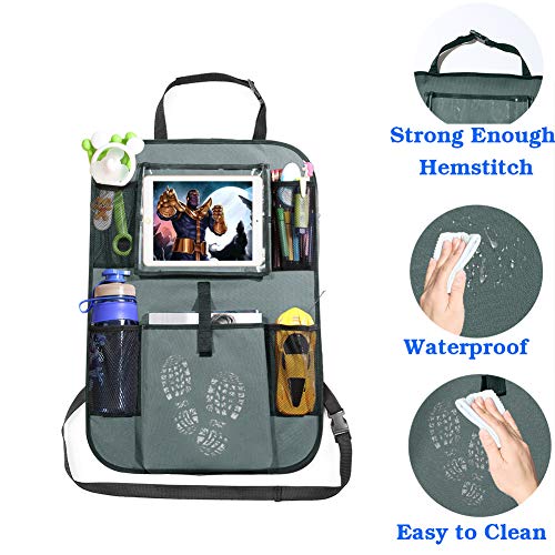 Car Backseat Organizer with 10'' iPad Tablet Holder + 5 Storage Pockets for Bottle Toys Book Drink, Auto Seat Back Protector Kick Mats, Universal Fit Travel Accessories for Kids & Toddlers Gray 2 Pack - Thumbnail 4