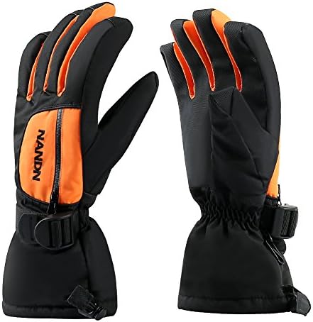 Snowmobile Ski Gloves Waterproof Warm for Kids Women - Windproof for Snow Snowboarding Skiing with Zipper Pocket for Adult Girls (Back Orange Design)