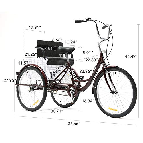 HIRAM Adult Tricycle with Rear Folding Basket, 24" Wheels Trike for Men and Women, Single Speed Large Cruiser Seat, Three Wheel Bike for Exercise, Recreation, Shopping, Back Seat and Bicycle Bell