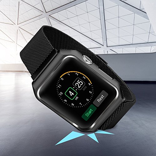 Apple Watch Band with Metal Case 38mm, Shockproof Protective Screen Bumper w Anti-scratch Soft Rubber Lining, Milanese Loop Magnetic Mesh Stainless Steel for iWatch Sport & Edition - Black