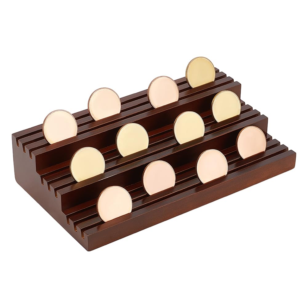 Photo 1 of peacoblue Premium 3-Tier Wooden Challenge Coin Display Stand - Holds 40-50 Coins with Angled Grooves & Rustic Finish Collectible Coin Collections