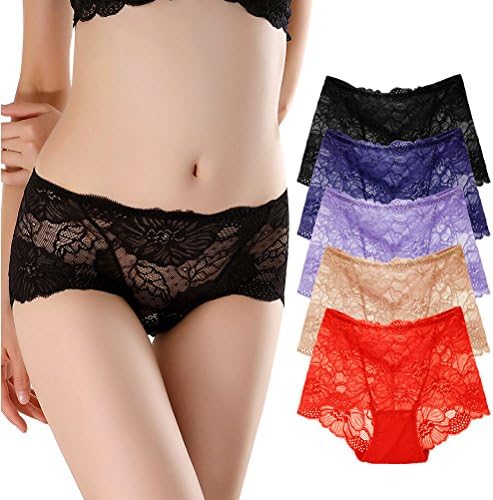 COSCOACH Womens Lace Panties,Hight Rise Everyday Panties Soft Breathable Panty Brief Pack Of 5 (XL=US L, Light Purple+Flesh Color+Red+Blue+Black)
