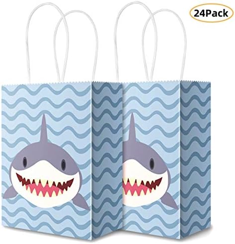 Cwmxing Shark Kraft Paper Bags Candy Bags Party Favor Bags with Handle for Birthday,Shark Goodie Bags,Shark Party Favor Bags and Shark Party Supplies(24Pcak)