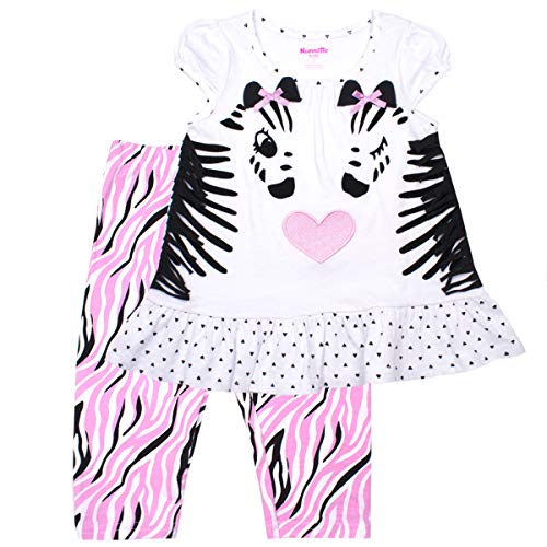 Nanette Girls 2PC Leggings and Shirt Set with Wide Variety of Flowers, Butterfly, and Animals White Zebra