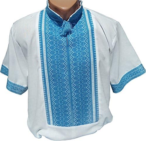 Etno Motif Vyshyvanka for Men Embroidered Shirt with Ethnic Ukrainian Ornaments. Folk Vyshyvanka with Fabrics Embroidery
