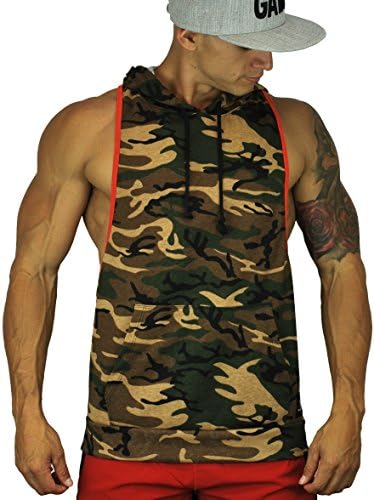 YoungLA Men's Bodybuilding Sleeveless Stringer Hoodie Contrast Pocket Tank Top (Small, Camo)