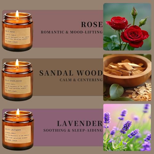 Ricihene Scented Candles Set, 6 Pack Glass Container Candles Set, Lavender/Rose/Sandalwood Scents for Aromatherapy Candles, Long-Burning, Home Decoration & Gift Set