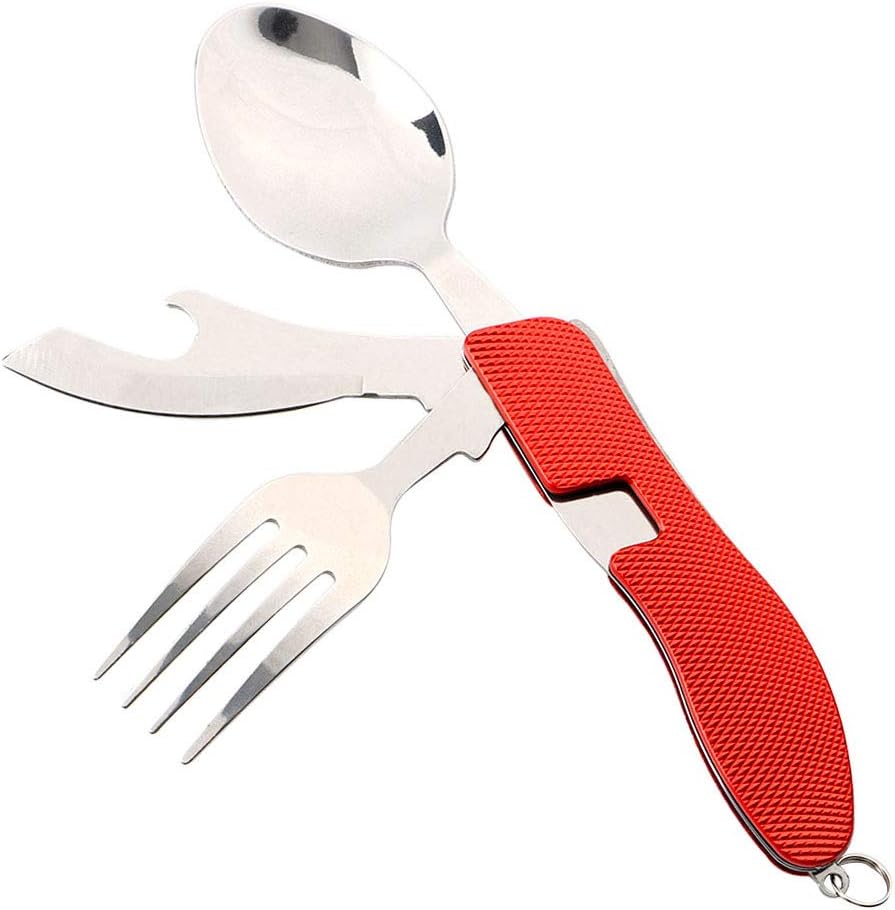QitinDasen Premium 4 in 1 Folding Cutlery, Detachable 4 in 1 Folding Tableware, Stainless Steel Folding Camping Flatware Knife Fork Spoon and Bottle Opener (Red)