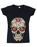 Shop4Ever® Sugar Skull Roses Women's V-Neck Day of Dead Shirts #16553 SLIM FIT