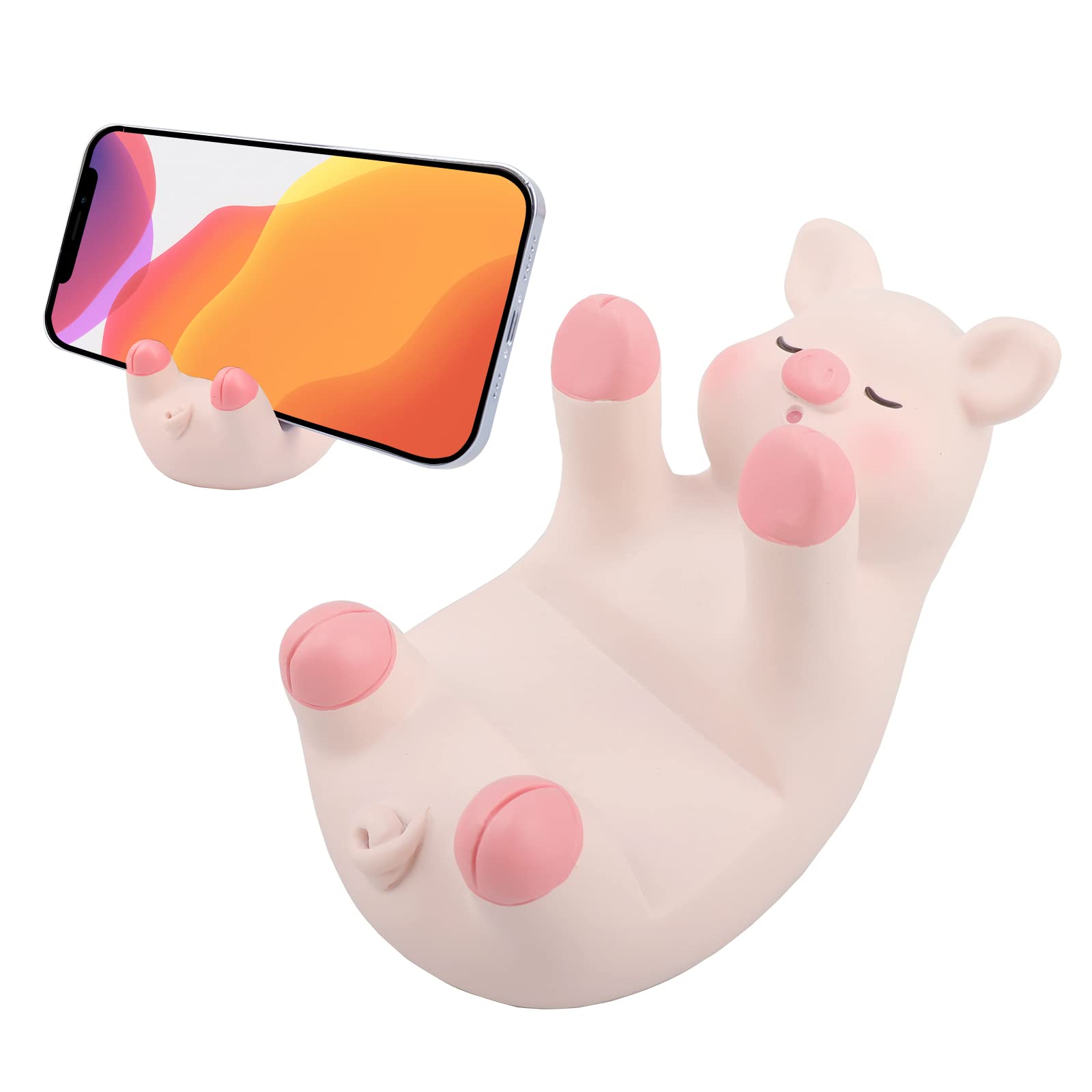 Seninda Cute Pink Pig Phone Stand, Pig Phone Holder in Lying on Back Pose, Resin Animal Desk Accessory for Desk or Bedside