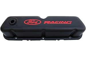 Ford Valve Cover, Stock Height, Baffled, Breather Hole, Ford Racing Logo, Steel, Black Crinkle