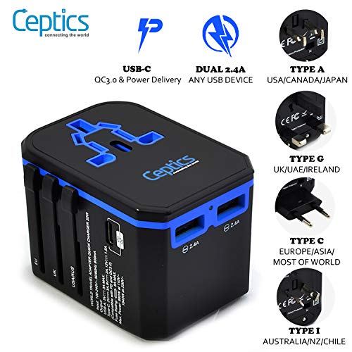 International Power Adapter, Ceptics World Travel USB Type C QC 3.0 18W PD Plug Adaptor Kit - 3 USB Ports Wall Charger Type I C G A Outlets 110V 220V A/C - 5V D/C - EU Euro US UK - All in One
