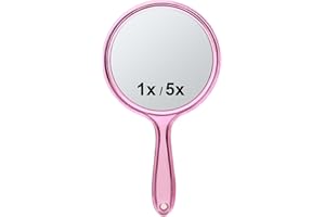 Macaki Handheld Mirror with Handle, 10.5 x 5.7 inches, Double-Sided 1X/5X Magnification Travel Makeup Mirror for Women, Pink