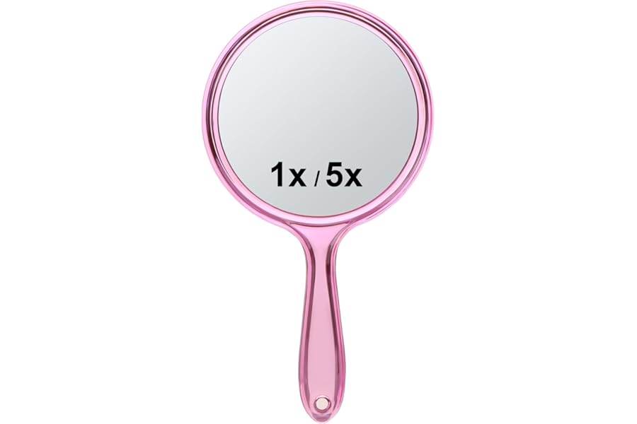 Macaki Handheld Mirror with Handle, 10.5 x 5.7 inches, Double-Sided 1X/5X Magnification Travel Makeup Mirror for Women, Pink