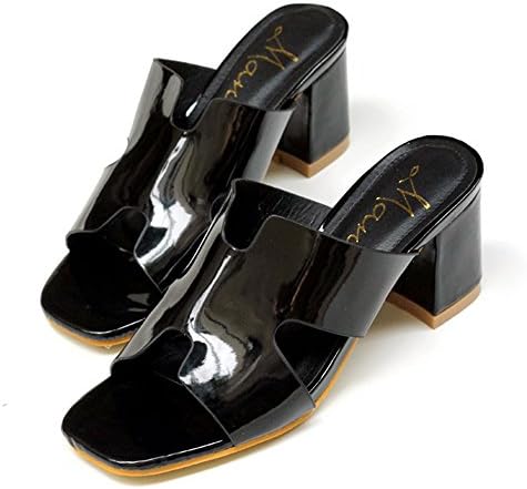 H Solid Color PU Patent Leather Thick High Heels Women Heel Height 2.5in Black