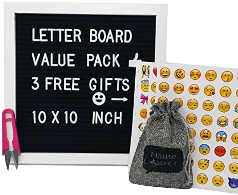 Vintage Felt Letter Board Black 10 x 10 inch White Frame - 290 Changeable Plastic Letters - Open Face Bulletin Board - Wooden Message Board (10x10 White Frame)