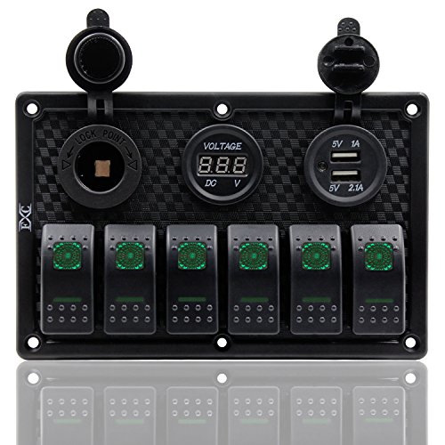 FXC Waterproof Marine Boat Rocker Switch Panel 6 Gang With Dual USB Slot Socket + Cigarette Lighter + Digital Voltage Display LED Light for Car Rv Vehicles Truck (6 Gang Green Light) - Thumbnail 2